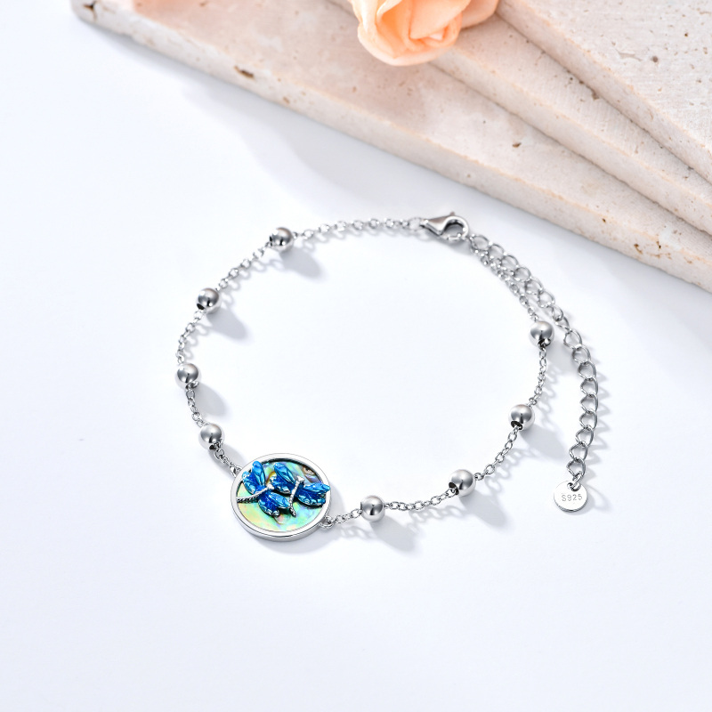 Sterling Silver Round Abalone Shellfish Dragonfly Charm Bracelet-3