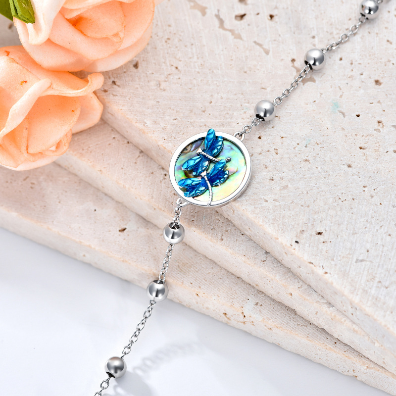 Sterling Silver Round Abalone Shellfish Dragonfly Charm Bracelet-4