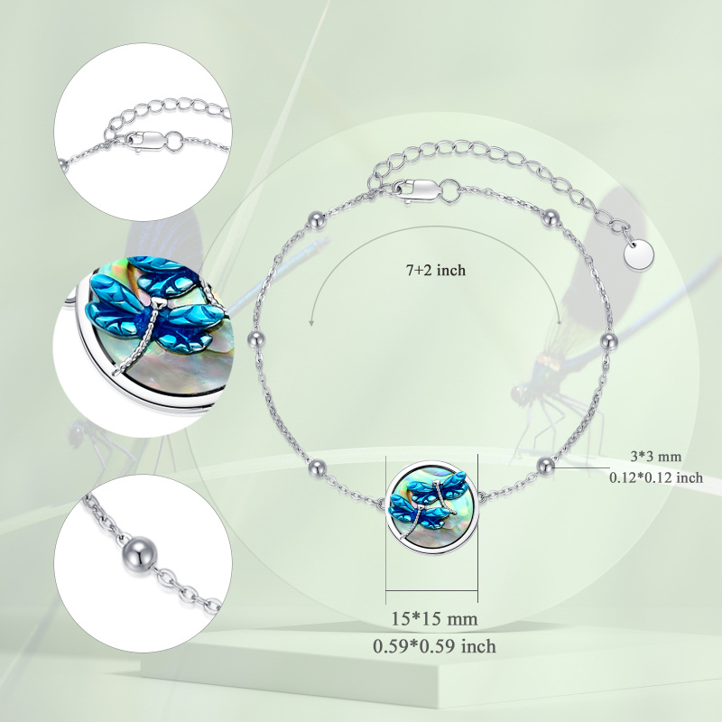 Sterling Silver Round Abalone Shellfish Dragonfly Charm Bracelet-5