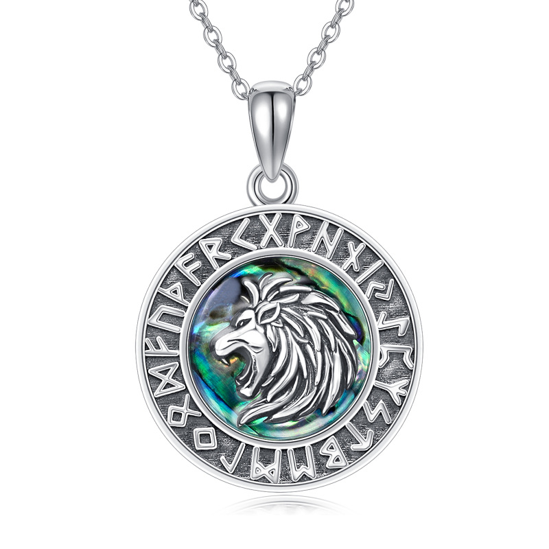Sterling Silver Round Abalone Shellfish Lion & Viking Rune Pendant Necklace-17