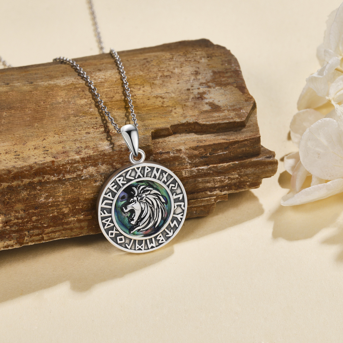 Sterling Silver Round Abalone Shellfish Lion & Viking Rune Pendant Necklace-3