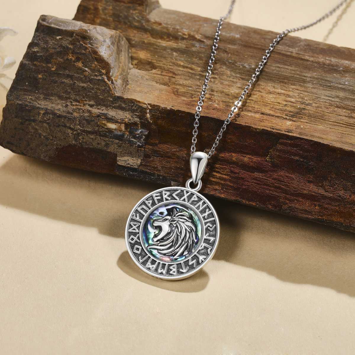 Collier en argent sterling avec pendentif Lion et rune viking en forme d'ormeau rond-4