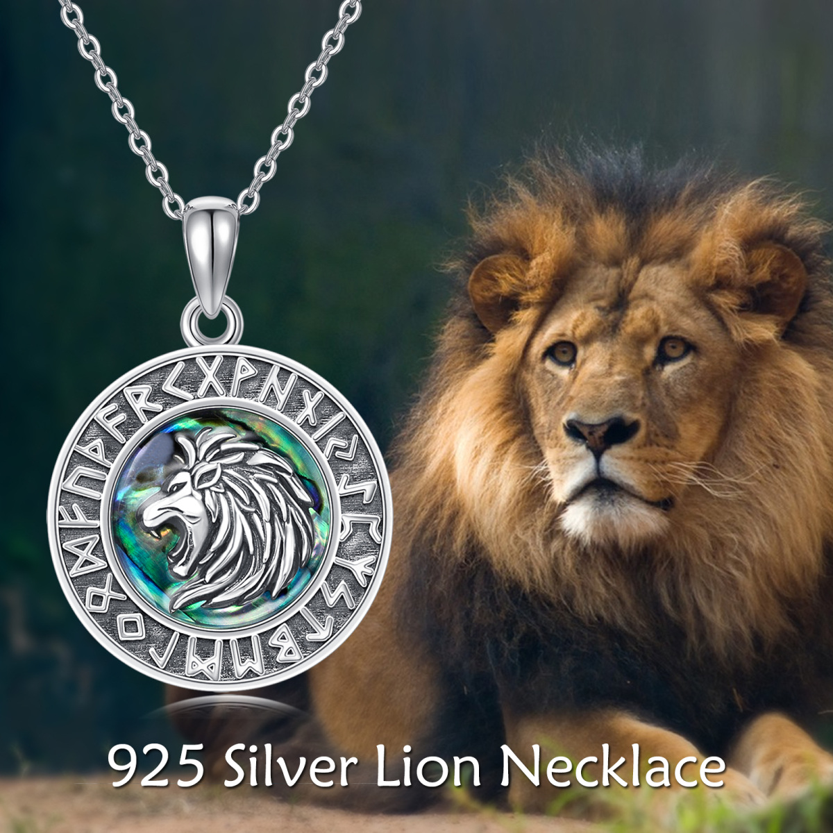 Collier en argent sterling avec pendentif Lion et rune viking en forme d'ormeau rond-5