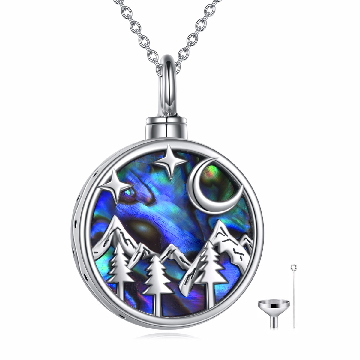 Sterling Silver Round Abalone Shellfish Moon & Mountains Urn Necklace for Ashes with Engraved Word-1