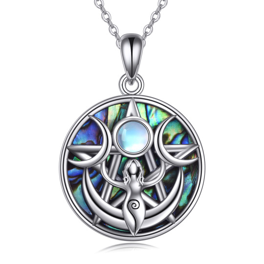 Sterling Silver Round Abalone Shellfish & Moonstone Triple Moon Goddess Pendant Necklace