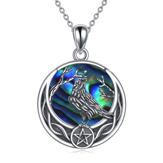 Sterling Silver Round Abalone Shellfish Raven & Pentagram Pendant Necklace-10