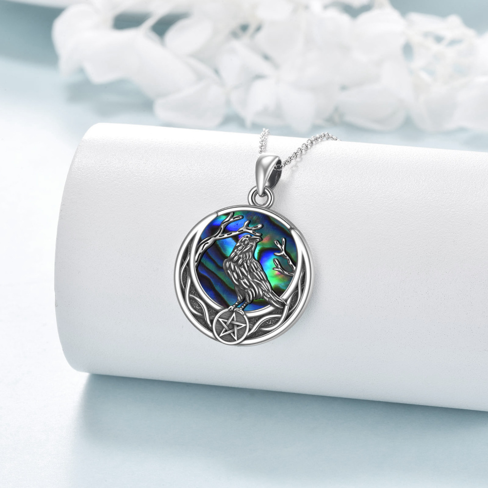 Sterling Silver Round Abalone Shellfish Raven & Pentagram Pendant Necklace-3