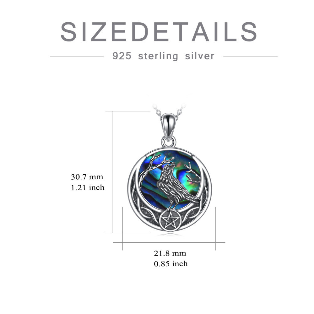 Sterling Silver Round Abalone Shellfish Raven & Pentagram Pendant Necklace-5