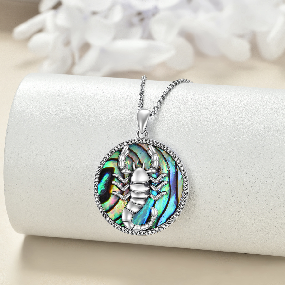 Sterling Silver Round Abalone Shellfish Scorpio Pendant Necklace-3