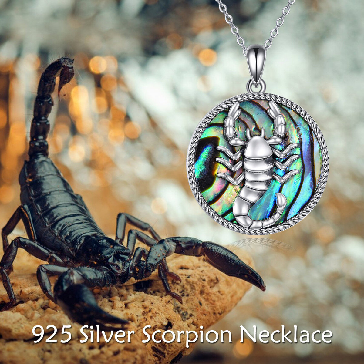 Sterling Silver Round Abalone Shellfish Scorpio Pendant Necklace-5