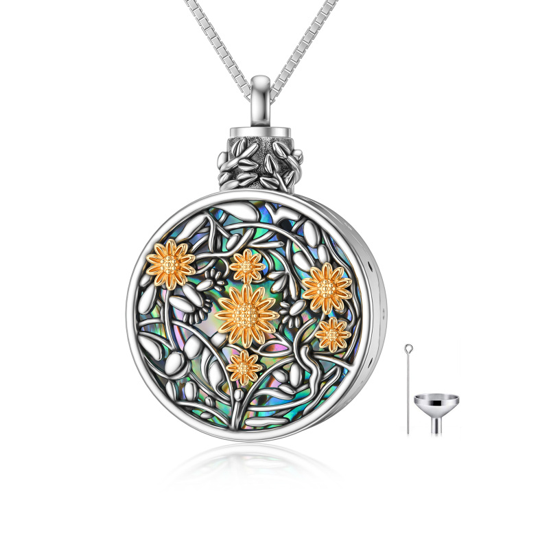Sterling Silver Round Abalone Shellfish Sunflower Urn Necklace for Ashes-4