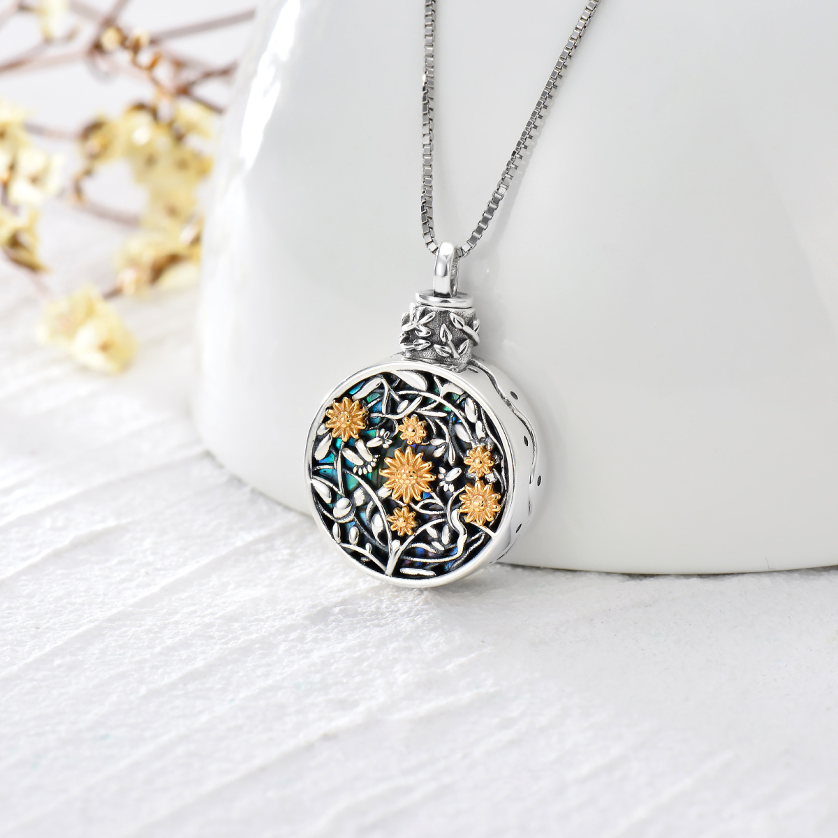 Collier rond en argent sterling, coquillages, coquillages, tournesol, urne pour cendres-5