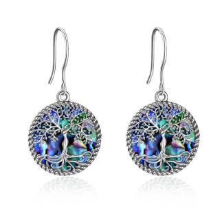 Sterling Silver Round Abalone Shellfish Tree Of Life Drop Earrings-55