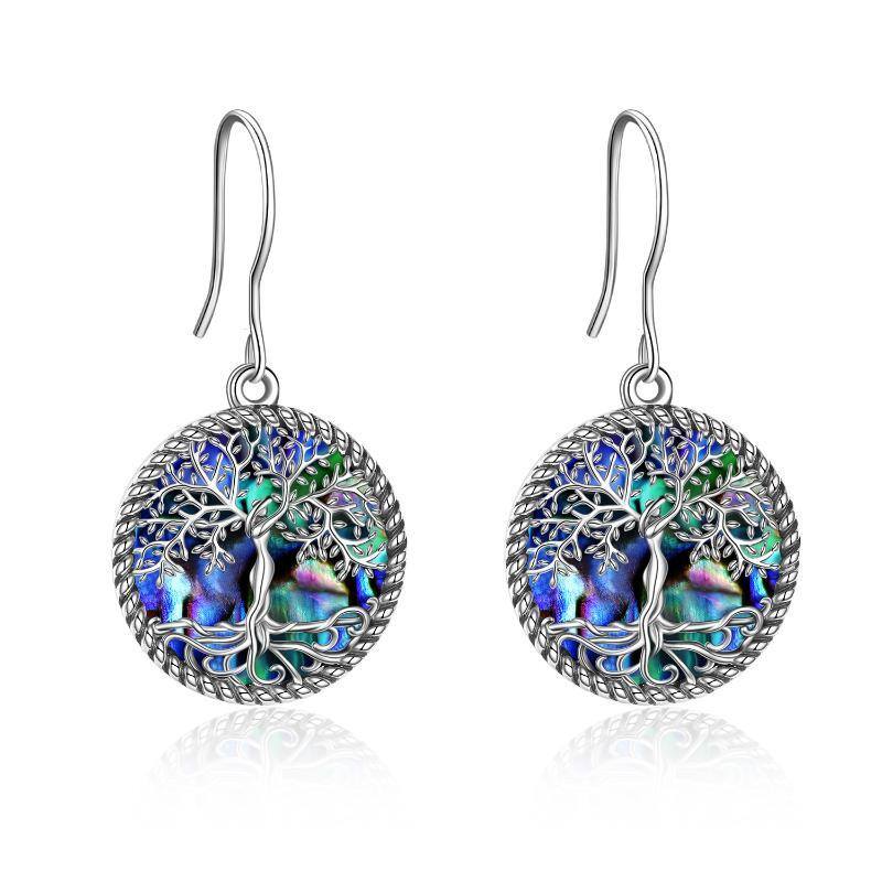 Sterling Silver Round Abalone Shellfish Tree Of Life Drop Earrings