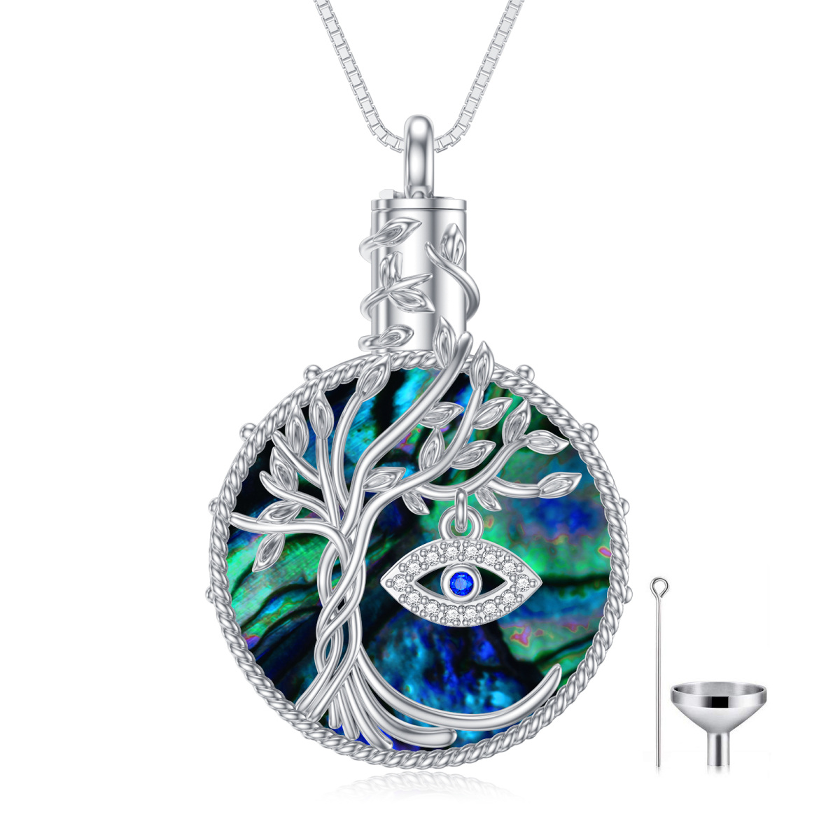 Sterling Silber Runde Abalone Shellfish Baum des Lebens & Evil Eye Urne Halskette für Asch-1