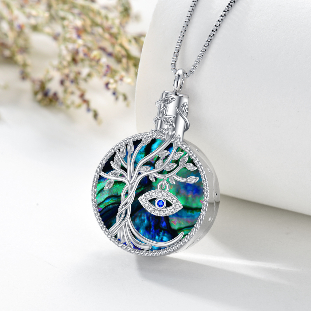 Sterling Silber Runde Abalone Shellfish Baum des Lebens & Evil Eye Urne Halskette für Asch-4