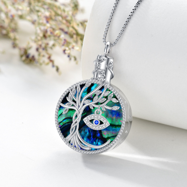 Sterling Silver Round Abalone Shellfish Tree Of Life & Evil Eye Urn Necklace for Ashes-4