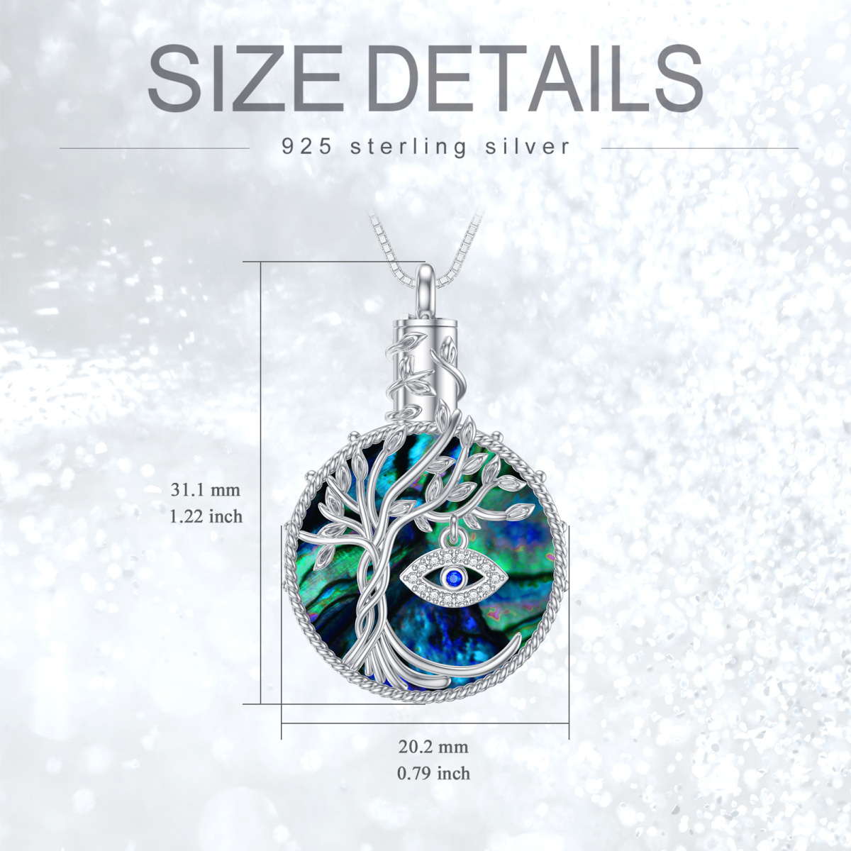 Sterling Silver Round Abalone Shellfish Tree Of Life & Evil Eye Urn Necklace for Ashes-6