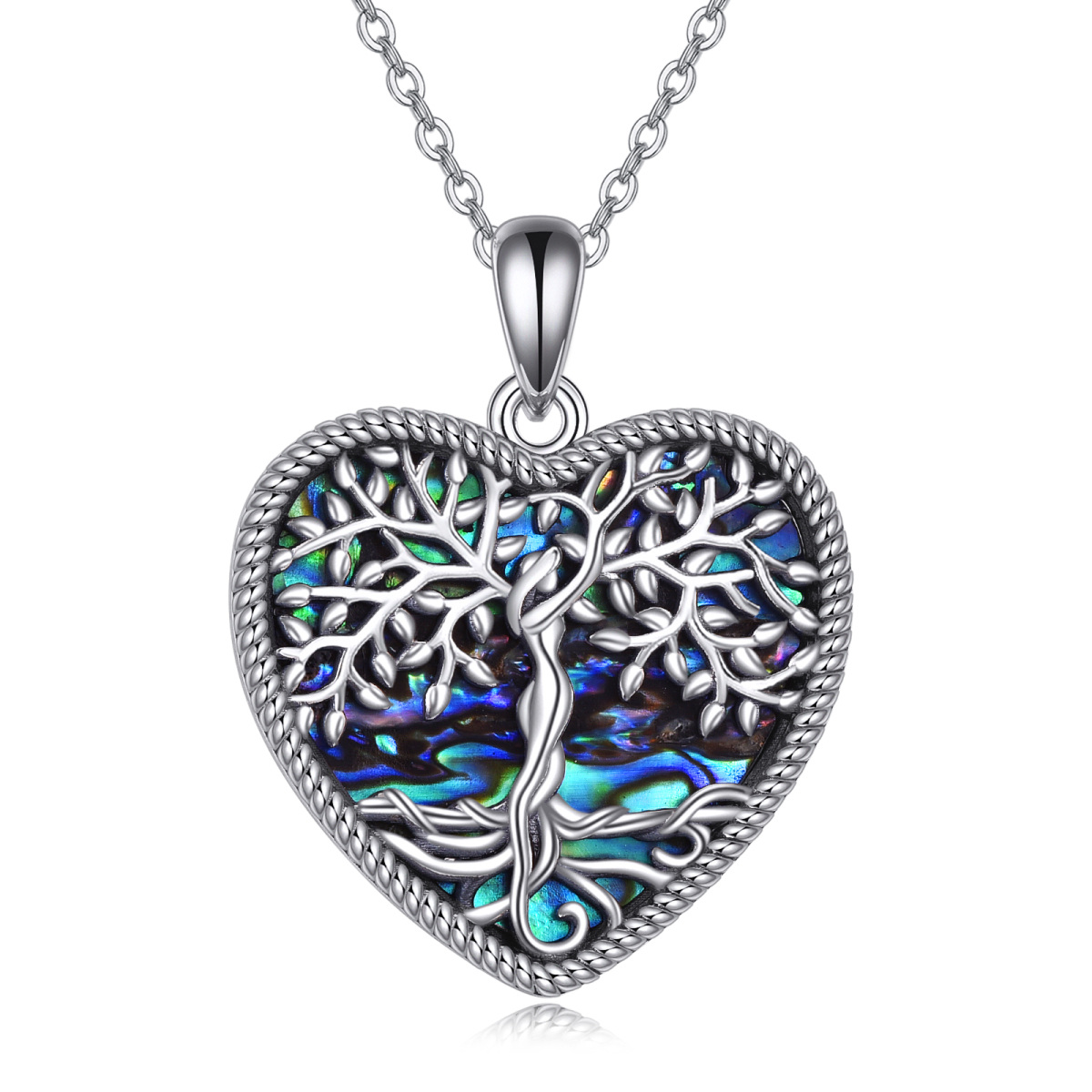 Sterling Silver Round Abalone Shellfish Tree Of Life & Heart Pendant Necklace-1