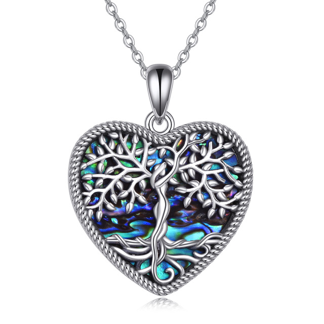 Collana con ciondolo a forma di albero della vita e cuore in argento sterling con conchiglia Abalone rotonda-1