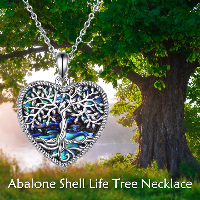 Sterling Silver Round Abalone Shellfish Tree Of Life & Heart Pendant Necklace-3