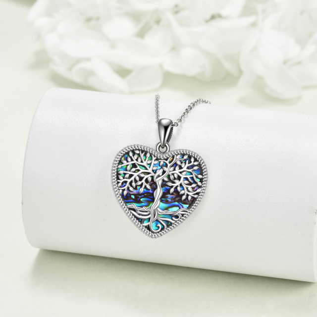 Sterling Silver Round Abalone Shellfish Tree Of Life & Heart Pendant Necklace-4