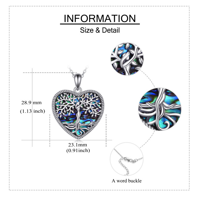 Sterling Silver Round Abalone Shellfish Tree Of Life & Heart Pendant Necklace-6