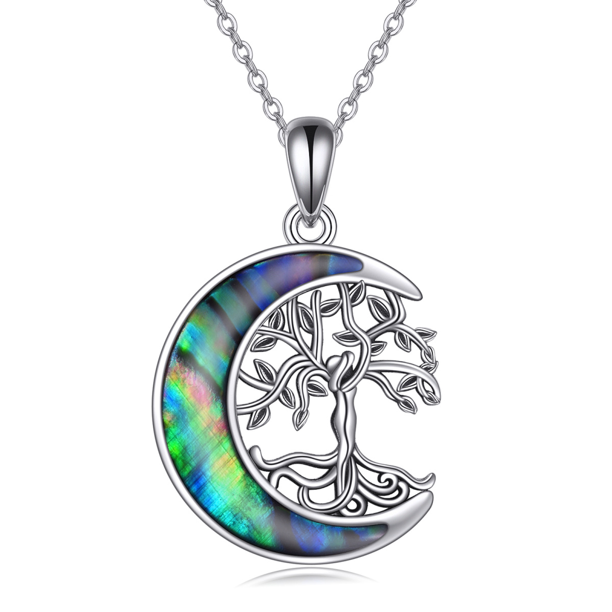 Collar de plata de ley con colgante redondo de abalón y marisco Árbol de la Vida y Luna-1