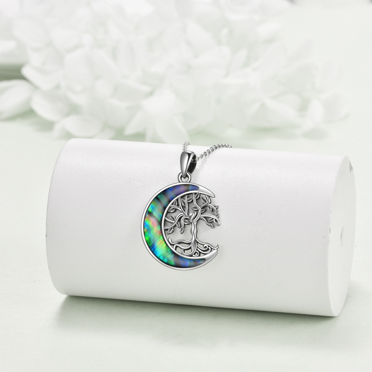 Sterling Silver Round Abalone Shellfish Tree Of Life & Moon Pendant Necklace-2