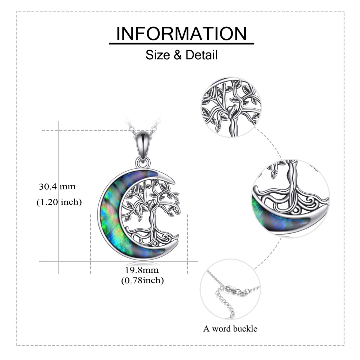 Sterling Silber Runde Abalone Muscheln Baum des Lebens & Mond-Anhänger Halskette-4