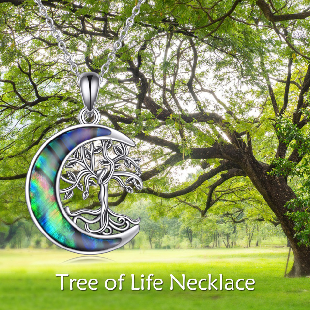 Sterling Silver Round Abalone Shellfish Tree Of Life & Moon Pendant Necklace-5