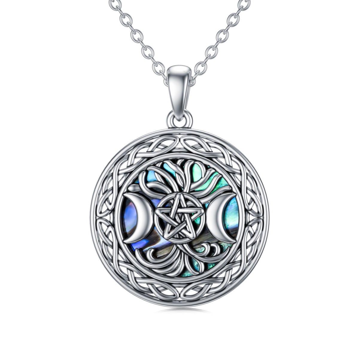 Sterling Silver Round Abalone Shellfish Tree Of Life & Moon With Pentagram Pendant Necklace For Men-1