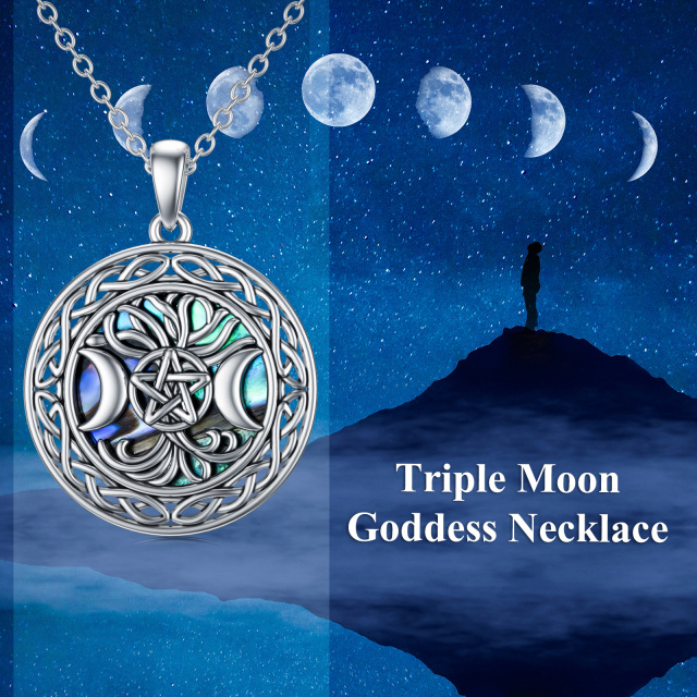 Sterling Silver Round Abalone Shellfish Tree Of Life & Moon & Pentagram Pendant Necklace-3