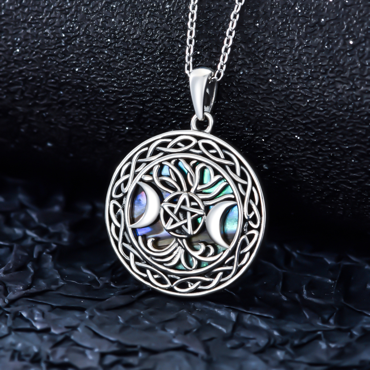 Sterling Silver Round Abalone Shellfish Tree Of Life & Moon With Pentagram Pendant Necklace For Men-4