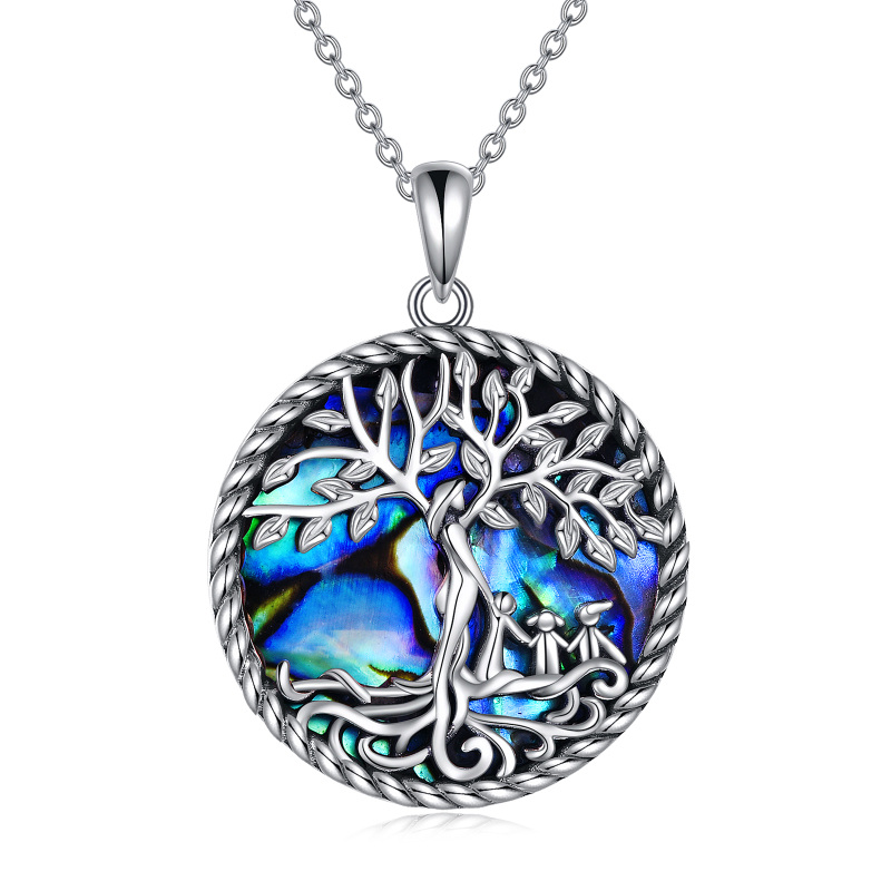 Sterling Silver Round Abalone Shellfish Tree Of Life Pendant Necklace-34