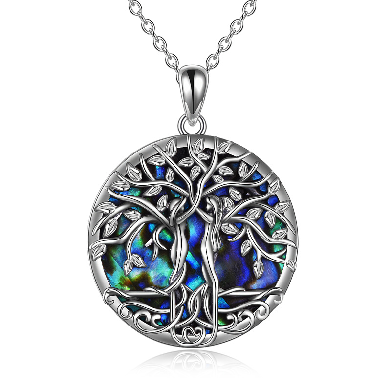 Sterling Silver Round Abalone Shellfish Tree Of Life Pendant Necklace-17