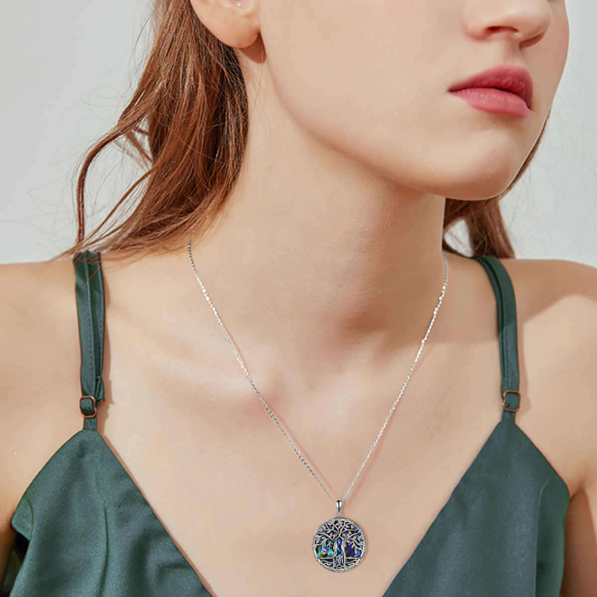Sterling Silver Round Abalone Shellfish Tree Of Life Pendant Necklace-2