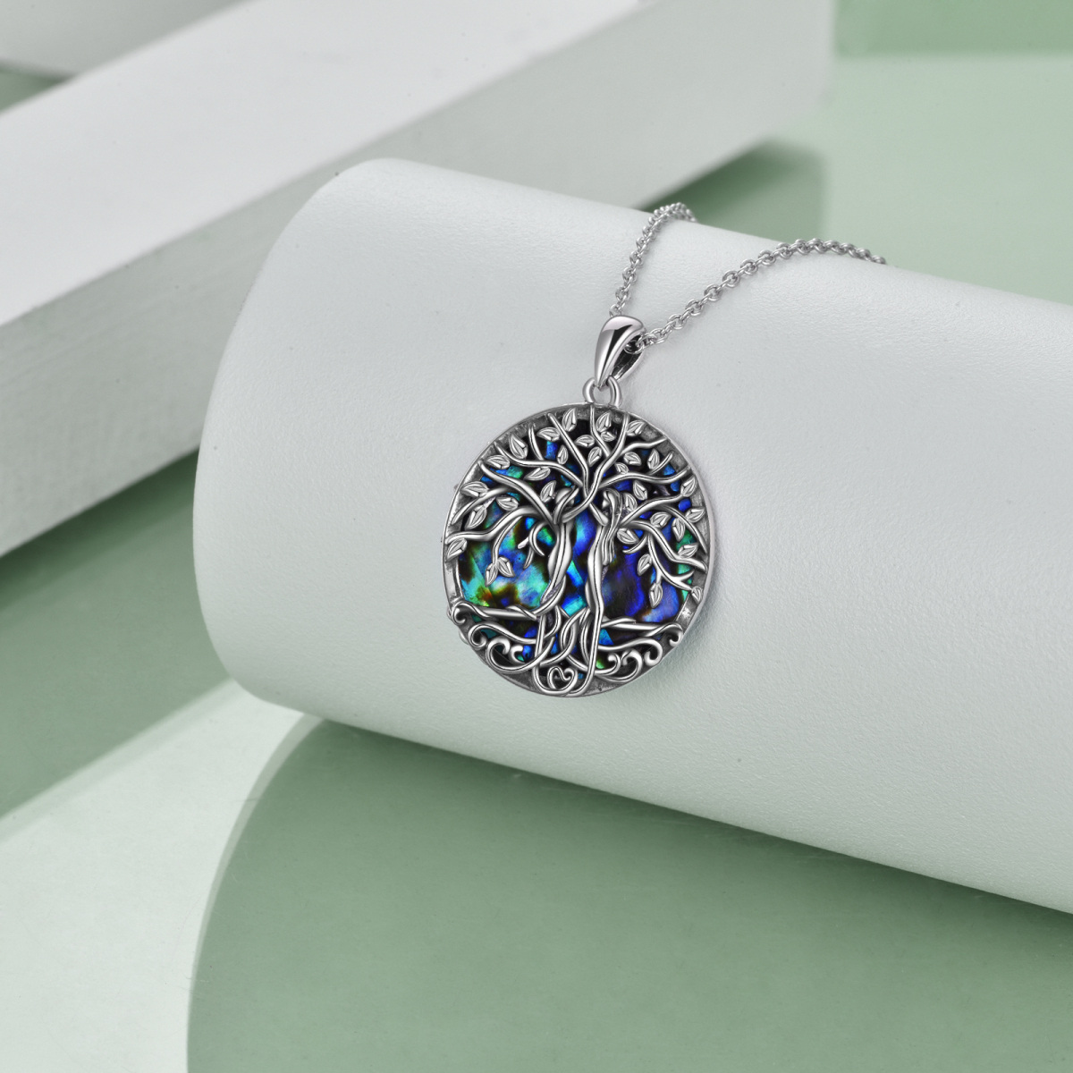 Sterling Silver Round Abalone Shellfish Tree Of Life Pendant Necklace-4
