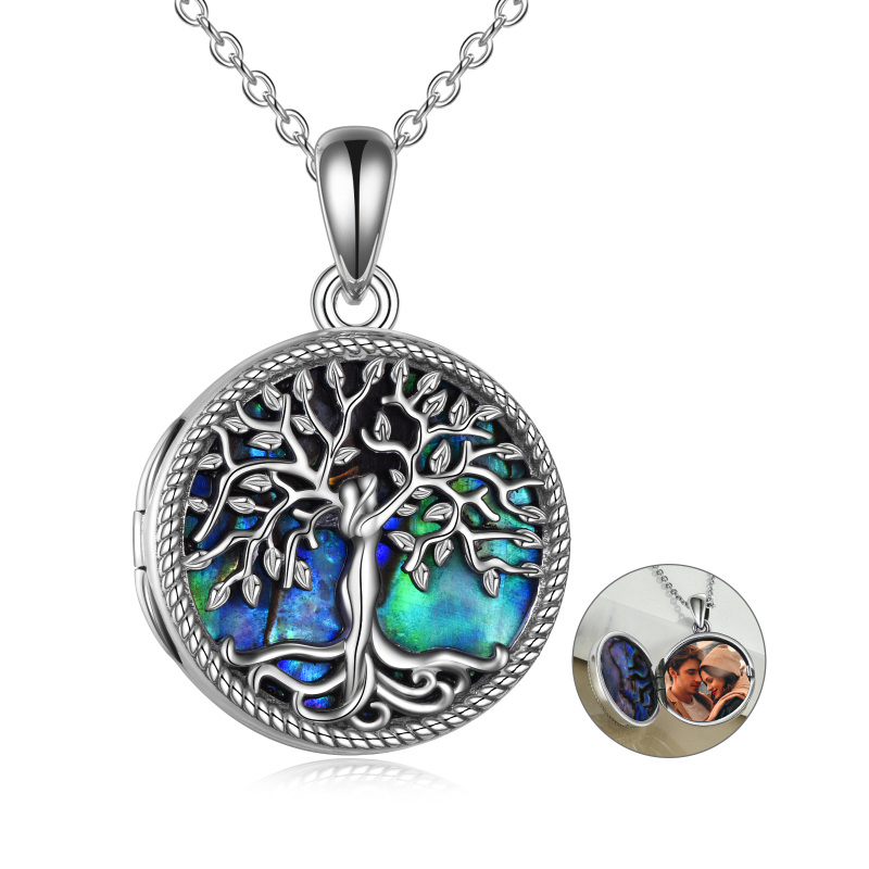 Sterling Silver Round Abalone Shellfish Tree Of Life Personalized Photo Locket Necklace with Engraved Word-10
