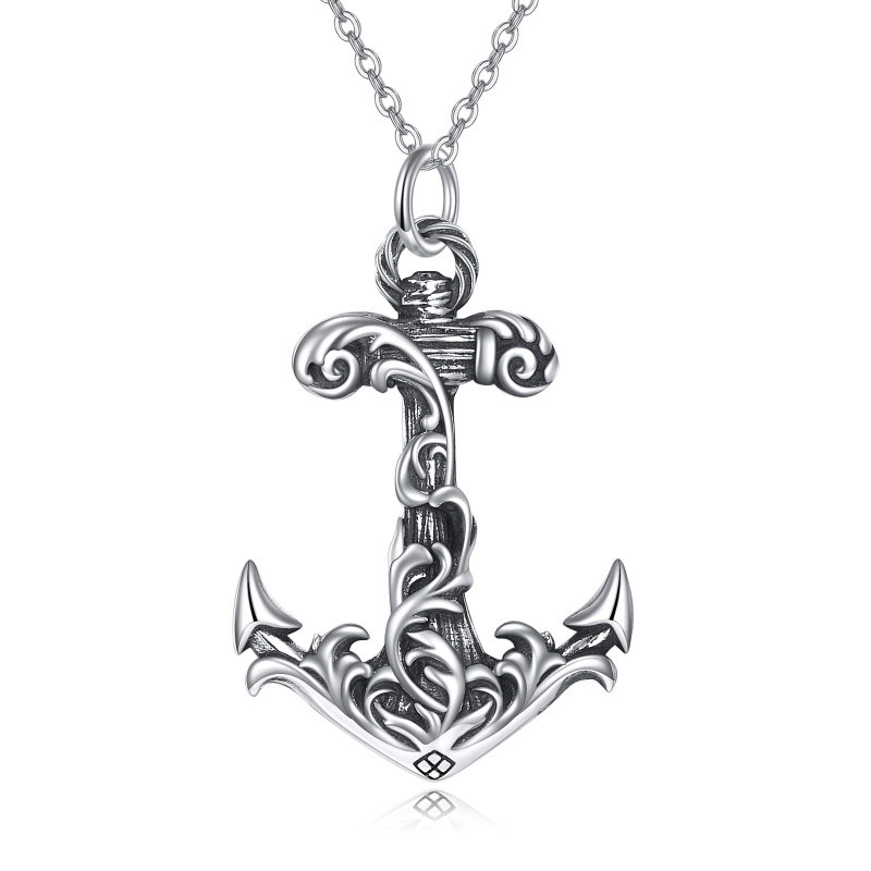 Sterling Silver Round Anchor Pendant Necklace-6