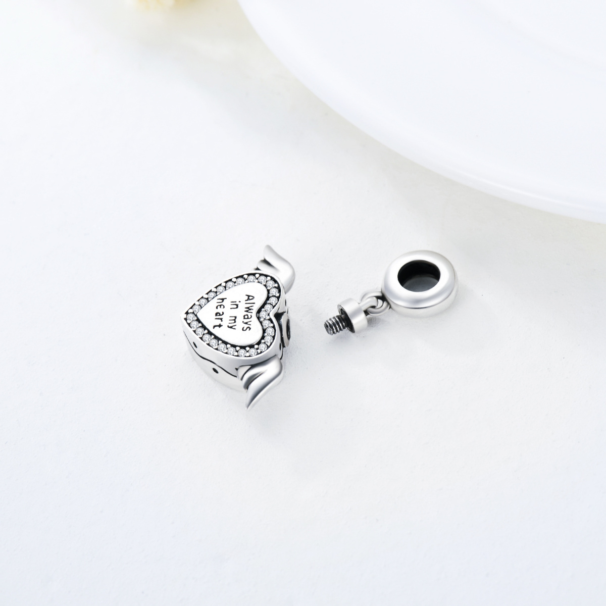 Breloque en argent sterling en forme d'aile d'ange et de cœur en zirconium cubique avec mo-4