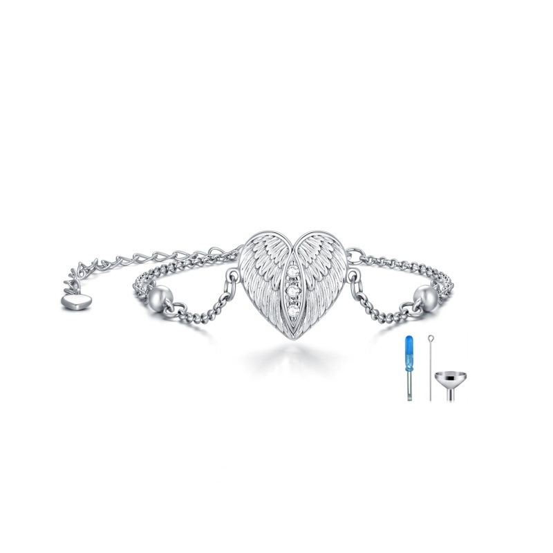 Sterling Silver Round Cubic Zirconia Angel Wing & Heart Urn Bracelet for Ashes with Engraved Word-15