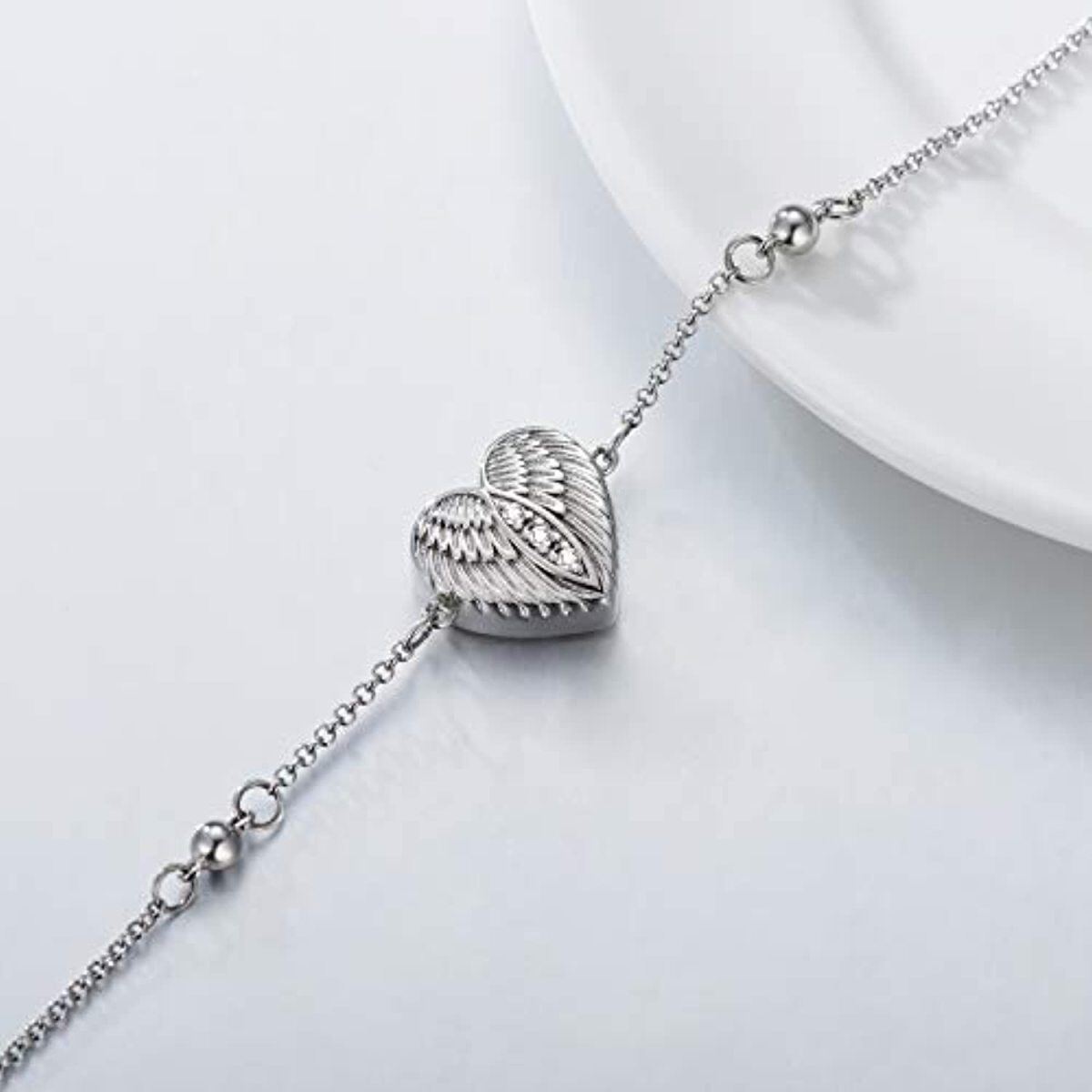 Bracciale in argento sterling con ala d'angelo e cuore in argento sterling per le ceneri con parola incisa-3