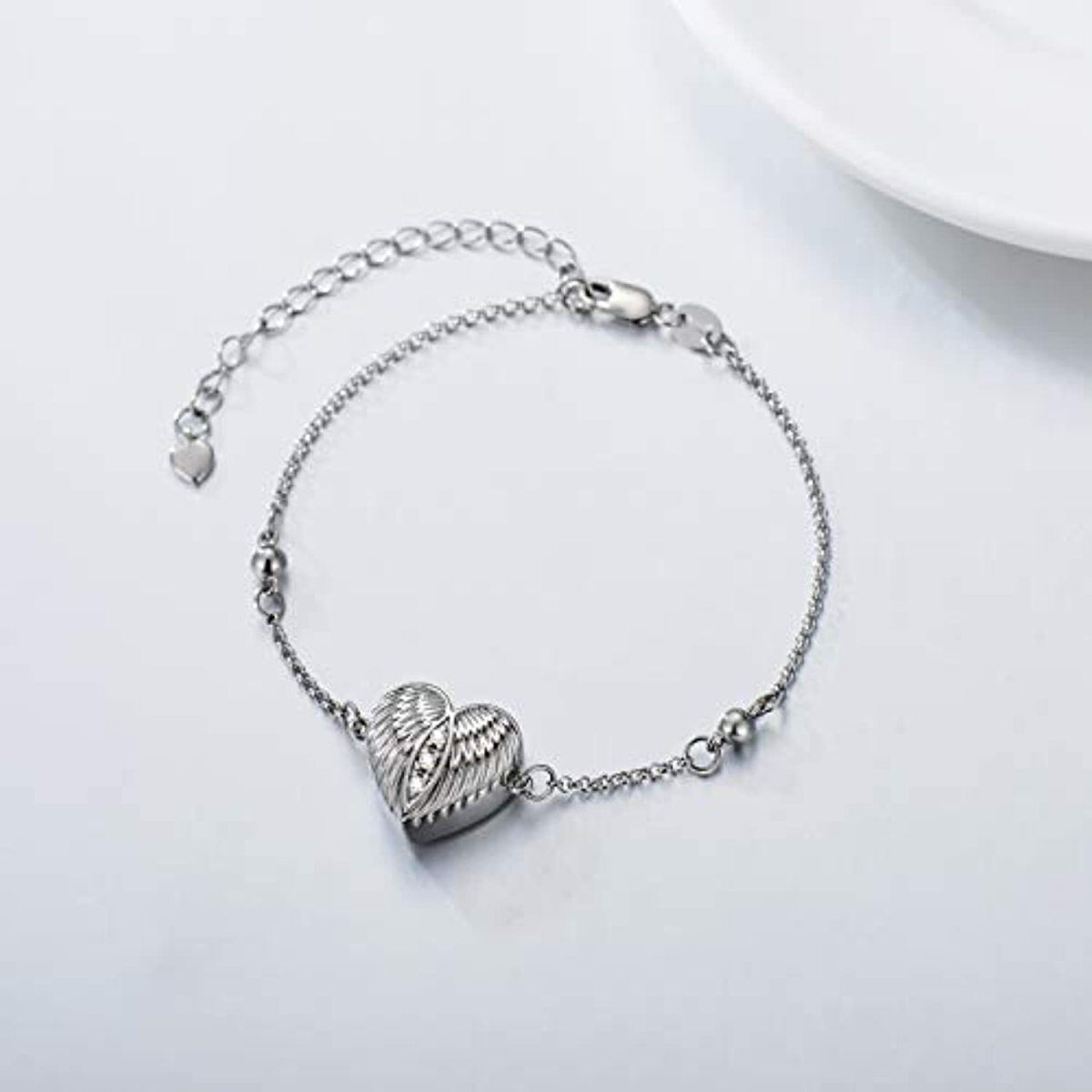 Bracciale in argento sterling con ala d'angelo e cuore in argento sterling per le ceneri con parola incisa-4