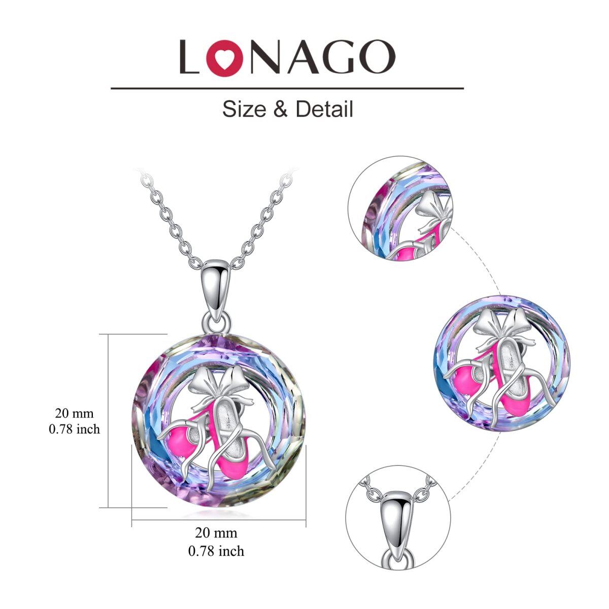 Sterling Silver Round Ballet Shoes Crystal Pendant Necklace-6