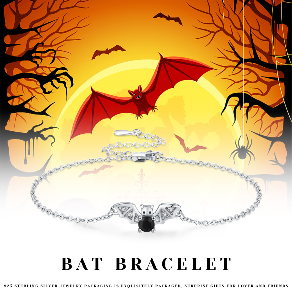 Bracciale con ciondolo a pipistrello in argento sterling con zirconia cubica tonda-6