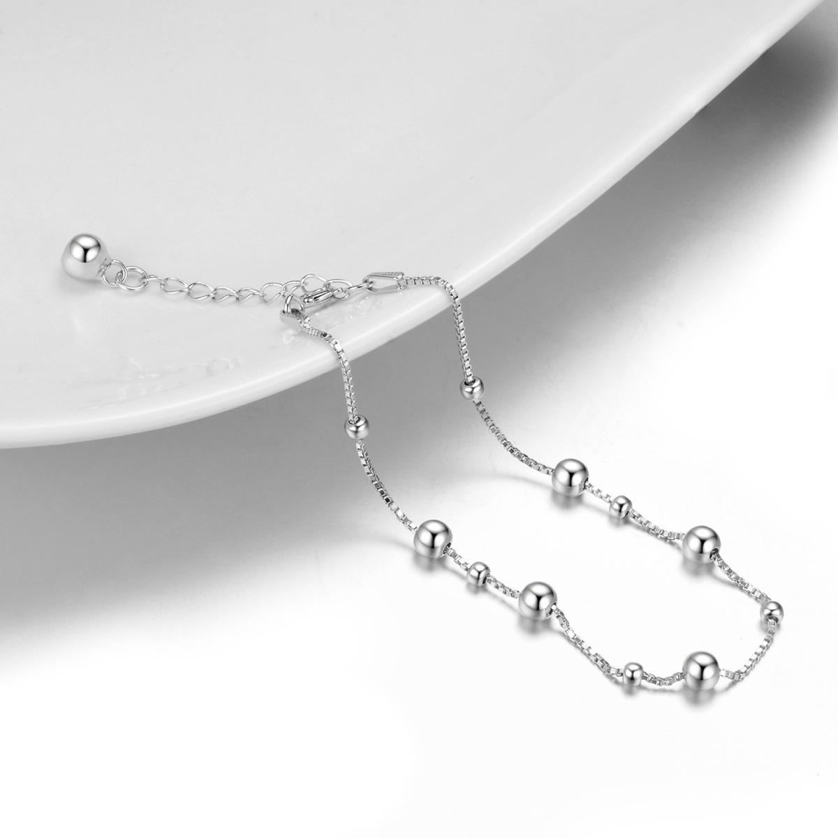 Sterling Silver Round Bead Station Chain Bracelet-4