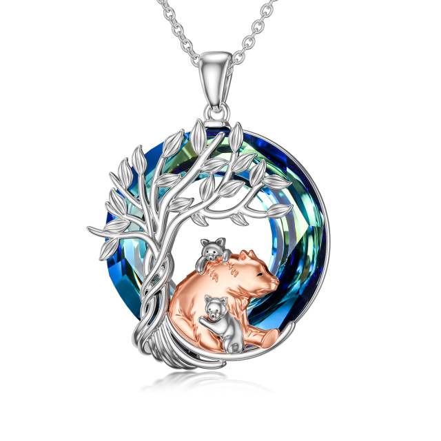 Sterling Silver Round Bear & Tree Of Life Crystal Pendant Necklace-1