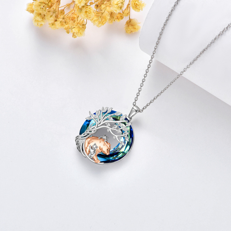 Sterling Silver Round Bear & Tree Of Life Crystal Pendant Necklace-4