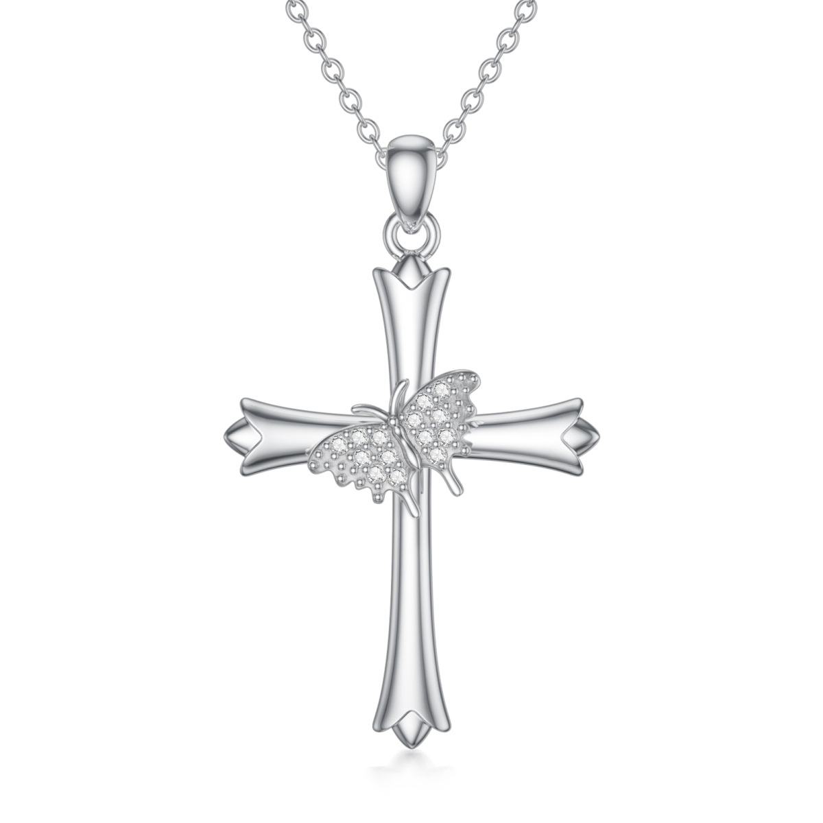 Sterling Silver Round Cubic Zirconia Butterfly & Cross Pendant Necklace-1